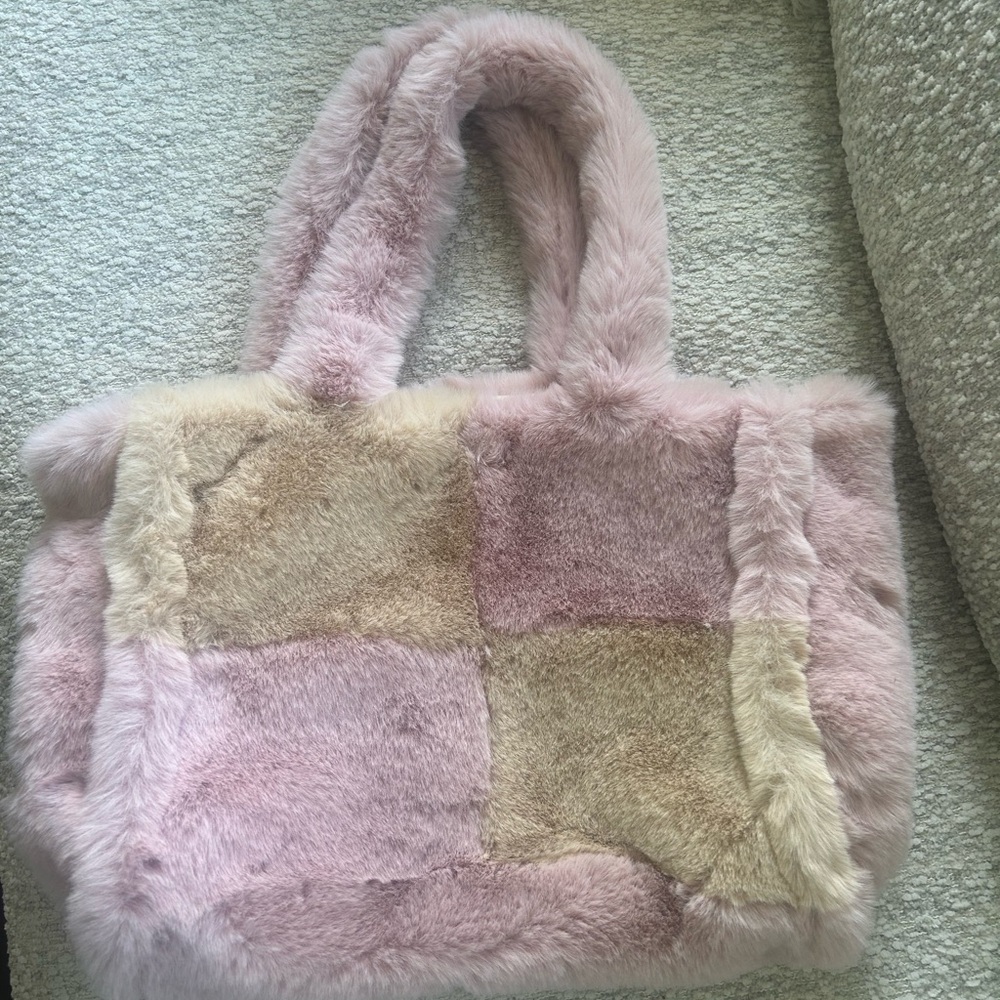 Faux Fur Patchwork Tote Bag - Pink and Tan